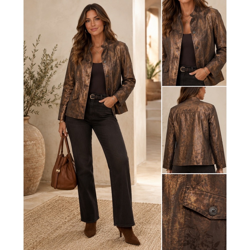 Chicos Metallic Bronze Silk Linen Damask Floral Jacket Mock Neck Size 1 M